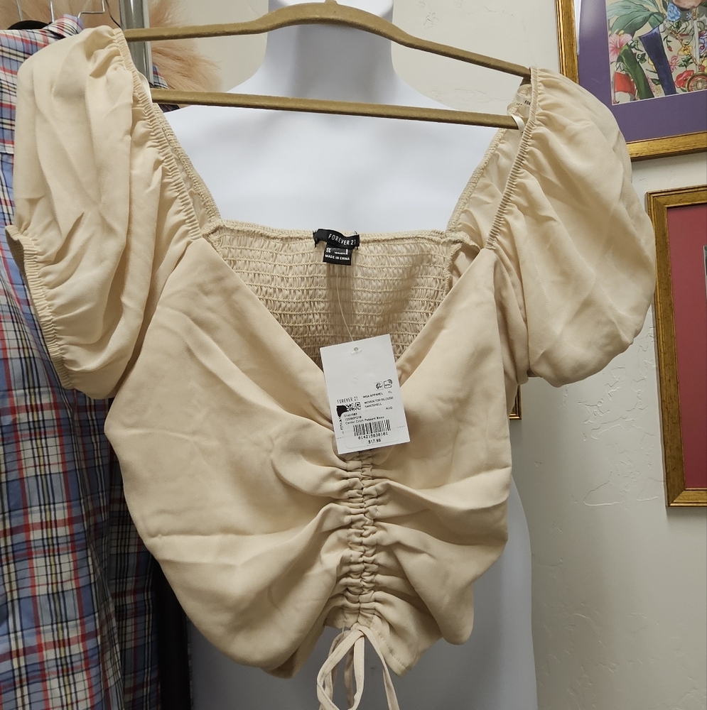 Beige Forever 21 Smocked Crop Top - Size Small - Picture 3 of 5